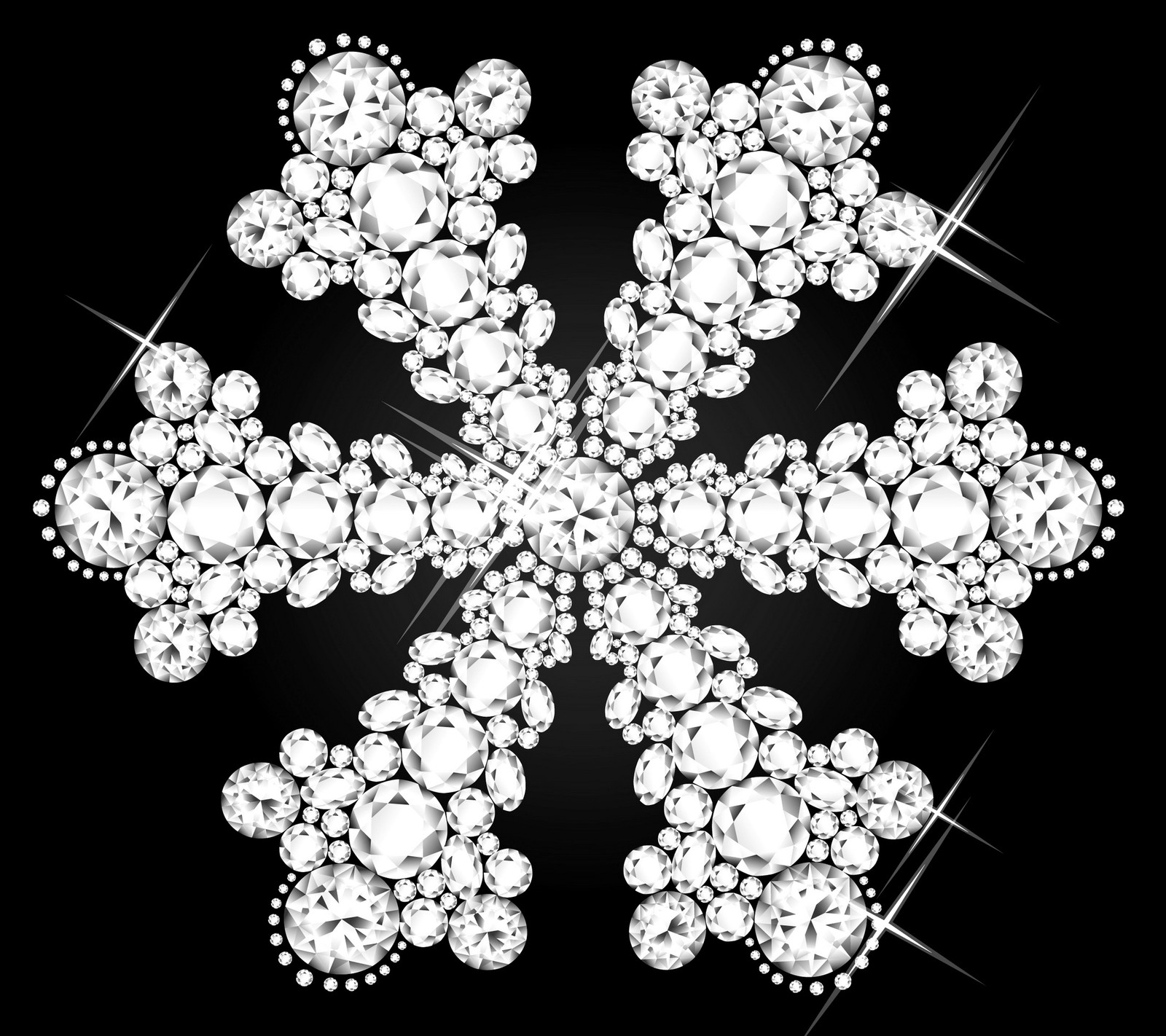 Eine schneeflocke aus vielen diamanten auf schwarzem hintergrund (abstraktes design, hintergrund, vector snow flake diamond)