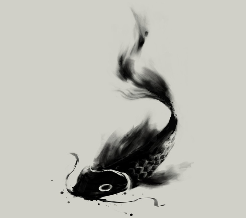 There is a black and white drawing of a fish with a tail (design, my)