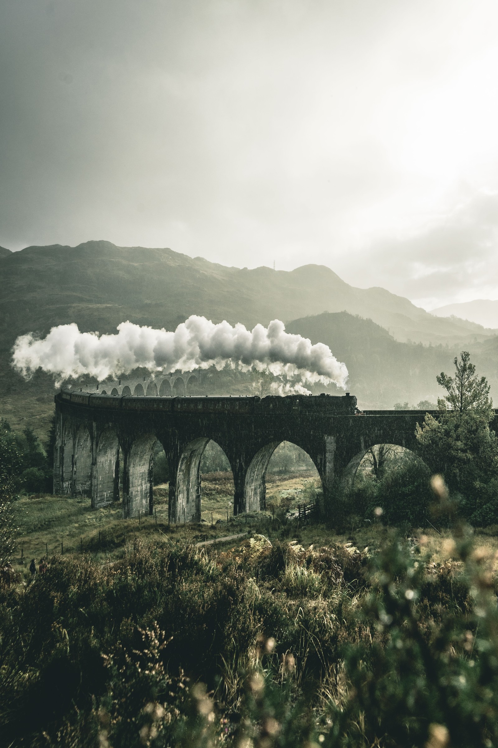 Hay un tren pasando sobre un puente con humo saliendo de él (cómic, otoño, harry potter, encantador, munis)