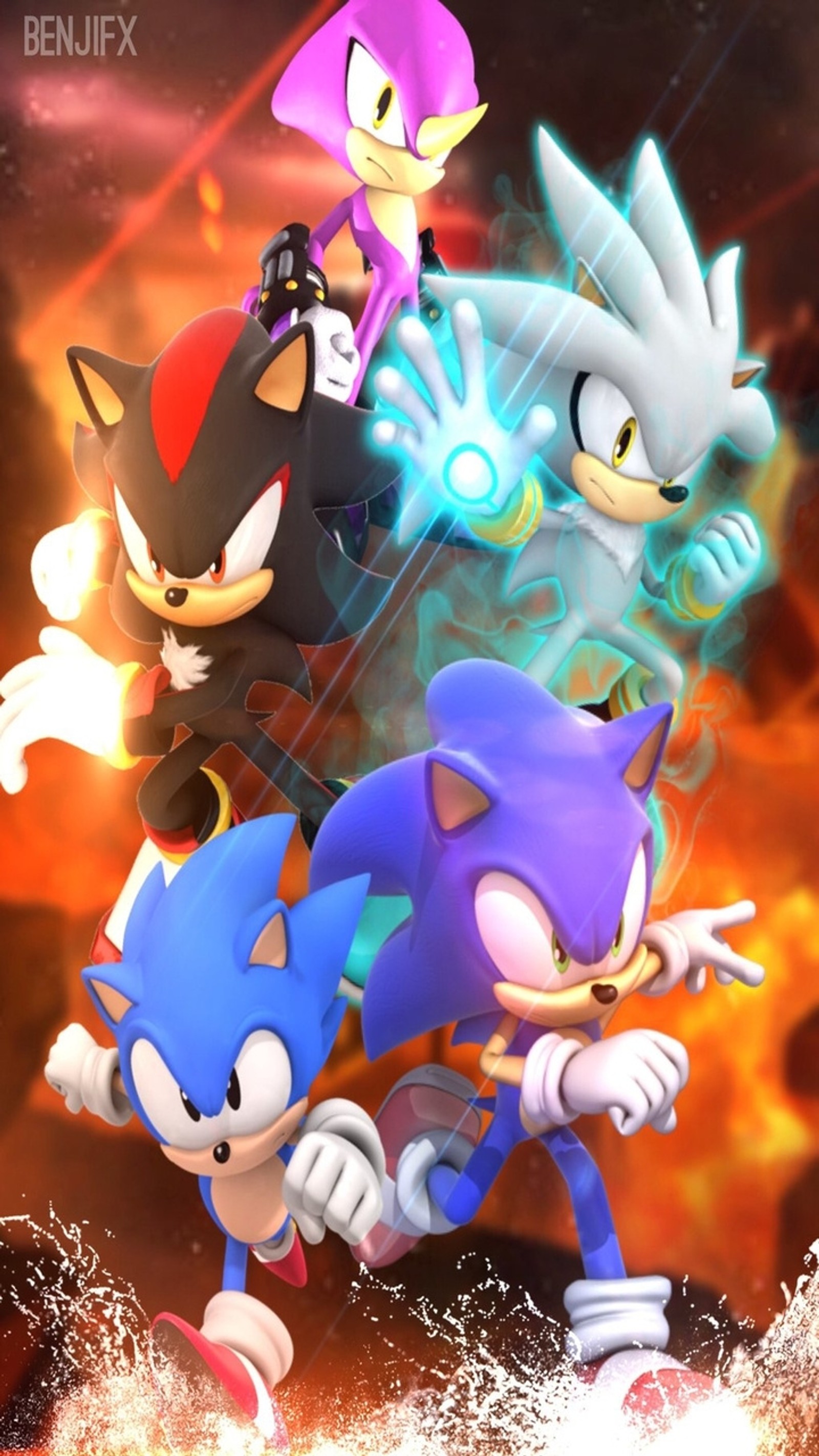 Sonic the hedge and friends in a fire scene (classic sonic, espio, shadow, silver, sonic)