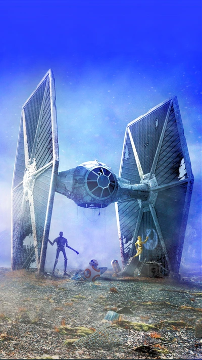 Abandoned TIE Fighter Amidst a Futuristic Landscape with Robots