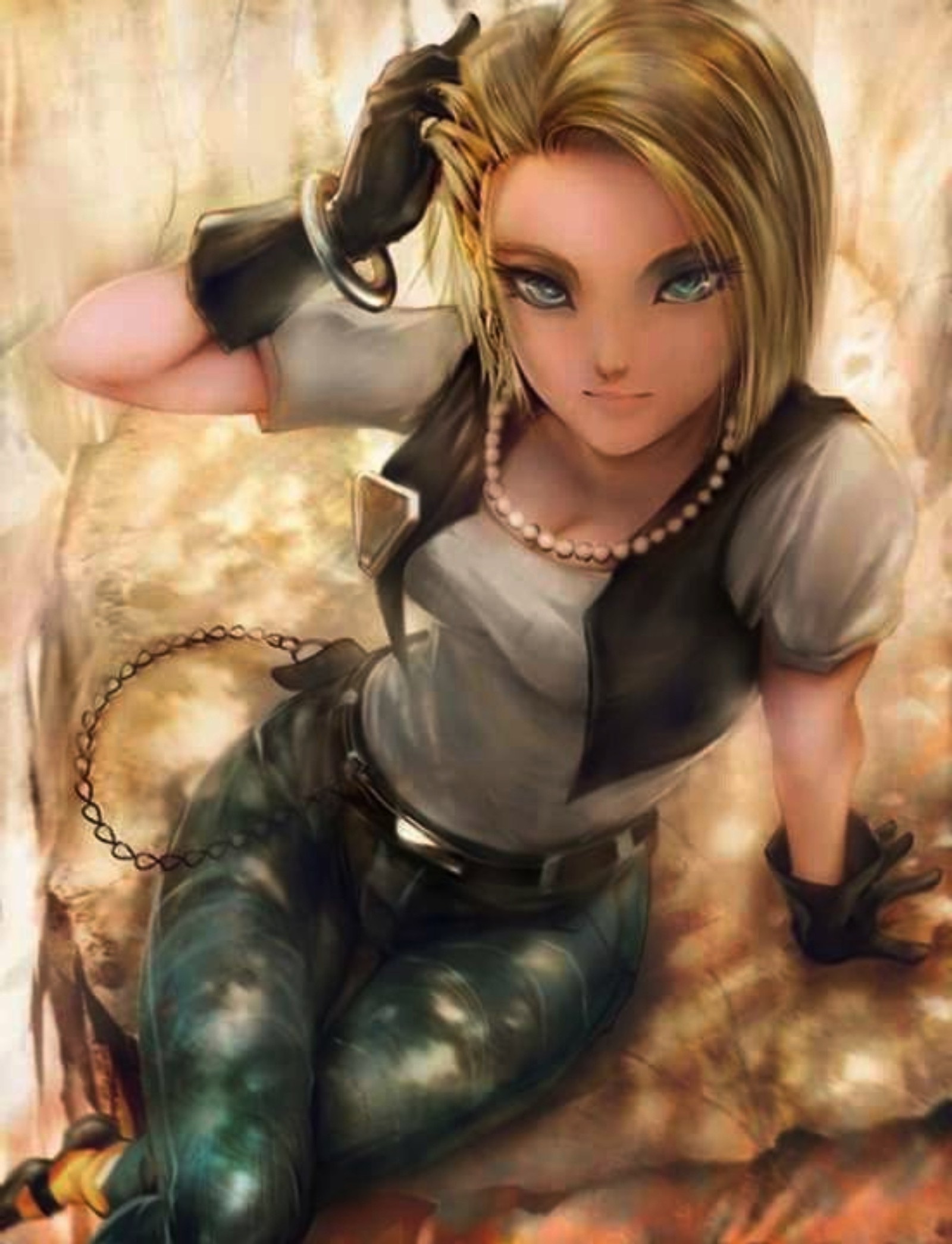 Fille d'anime avec un pistolet assise sur une pierre dans les bois (android 18, dragon ball, dragon ball z, fille, n 18)