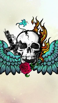 drawn, fire, skull, wings