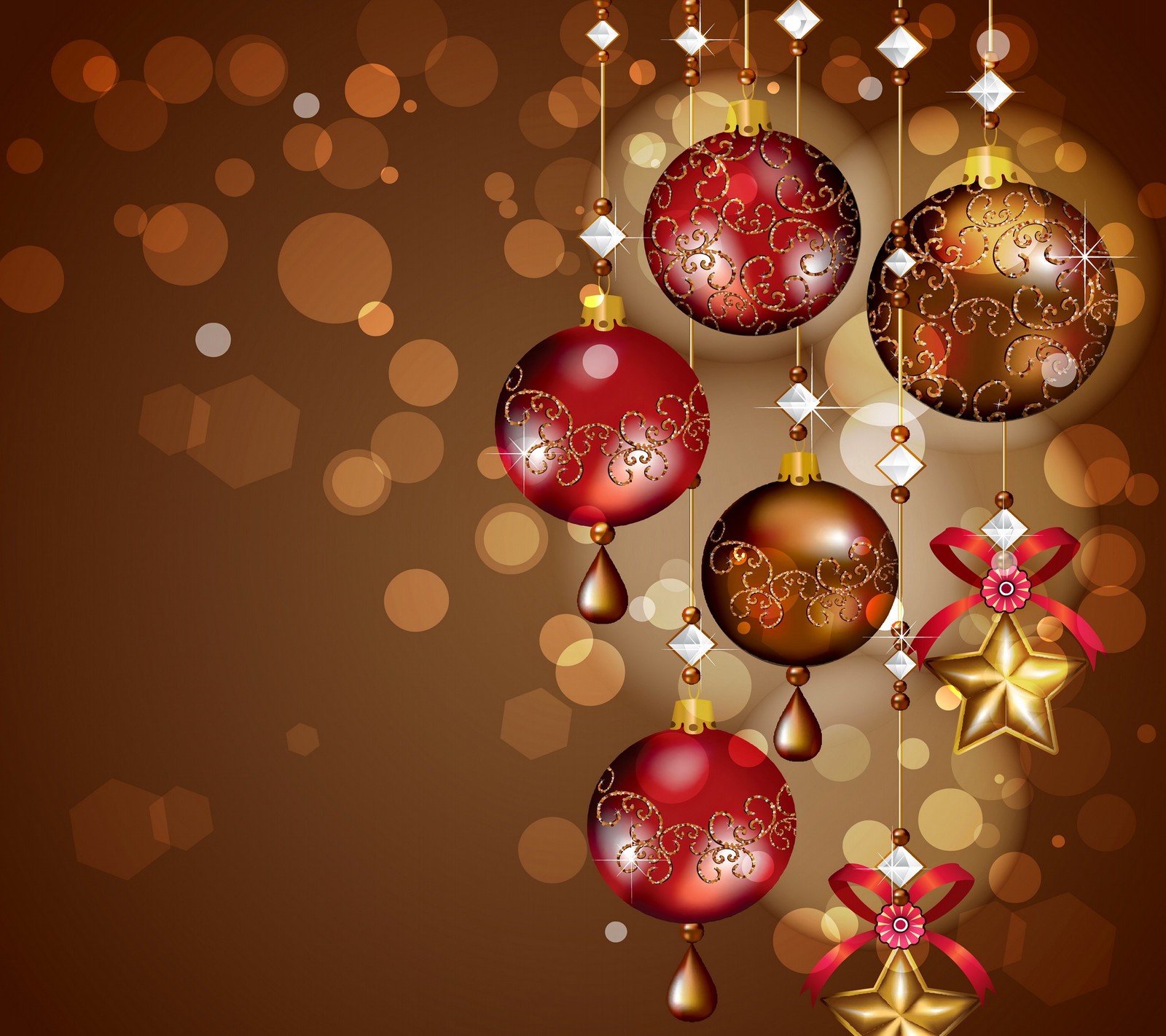 Christmas balls and stars on a brown background with bokeh lights (balls, christmas, decoration, merry, stars)