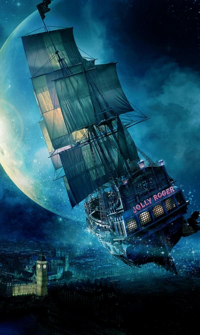 Jolly Roger s'élève sous le ciel londonien éclairé par la lune