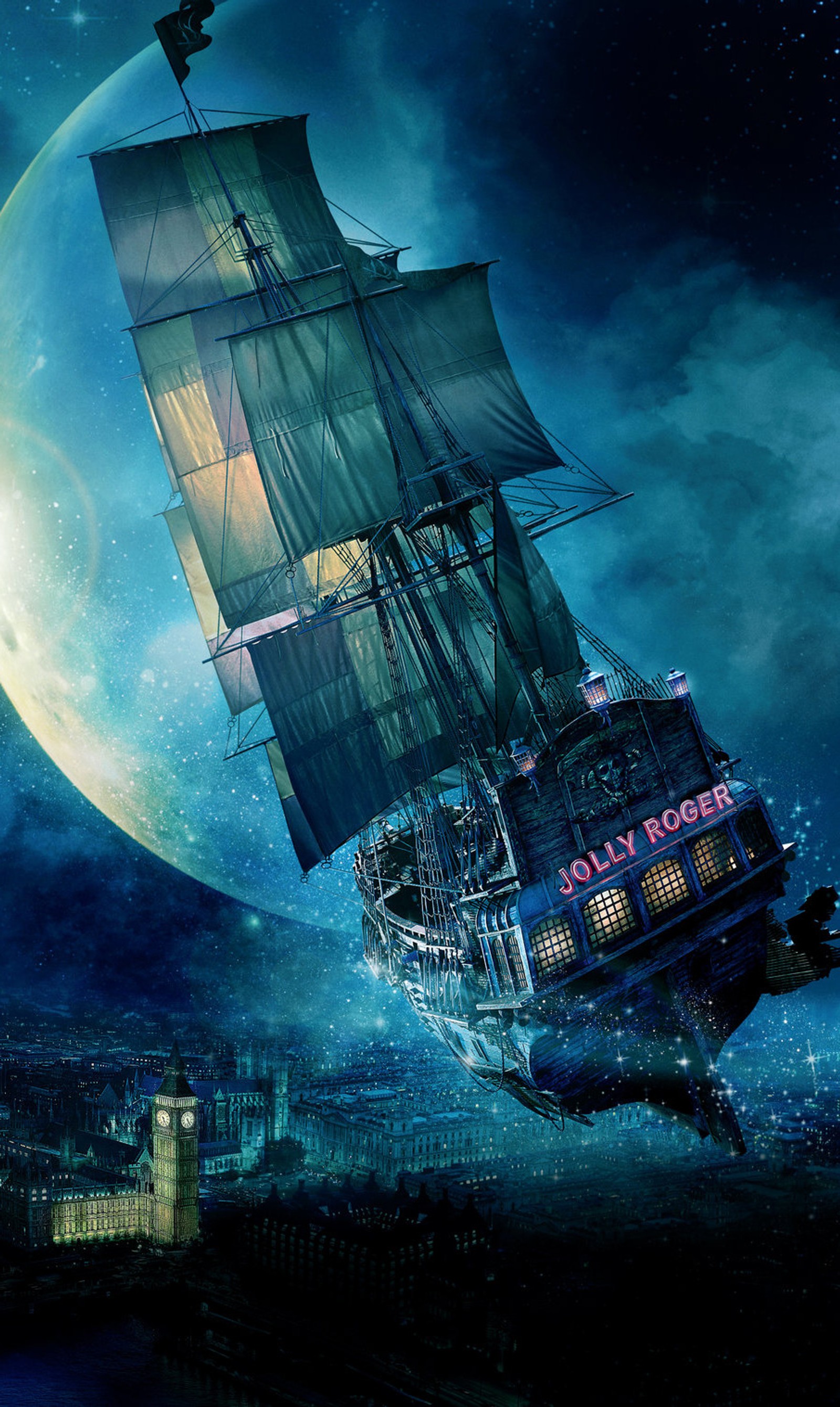 There is a large ship floating in the ocean at night (art, fantasy, fly, london, magic)