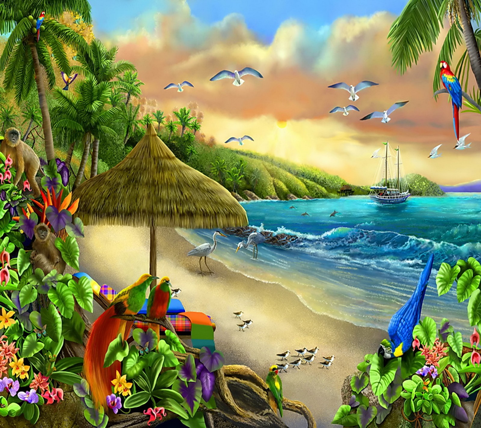 Painting of a tropical beach scene with birds and a boat (beach, birds, painting, sea, tropical)