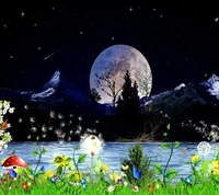 A serene night scene featuring a vibrant landscape with colorful flowers, mushrooms, and butterflies, illuminated by a large moon and twinkling stars.