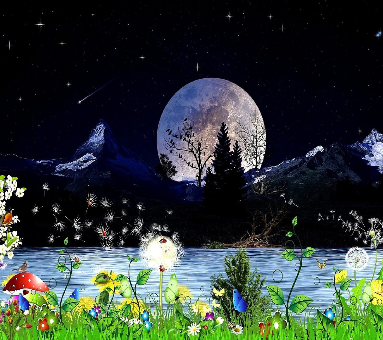 A picture of a full moon is shining over a field of flowers (nature)