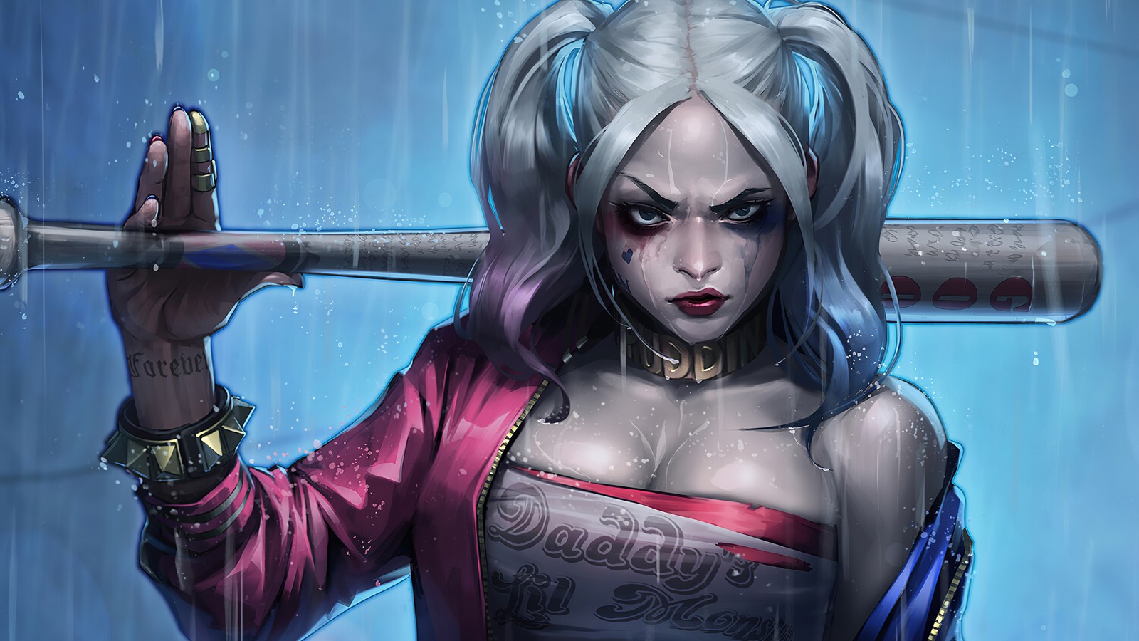 Близкий план женщины, держащей бейсбольную биту под дождем (harley quinn, джокер, joker, batman, dc comics)