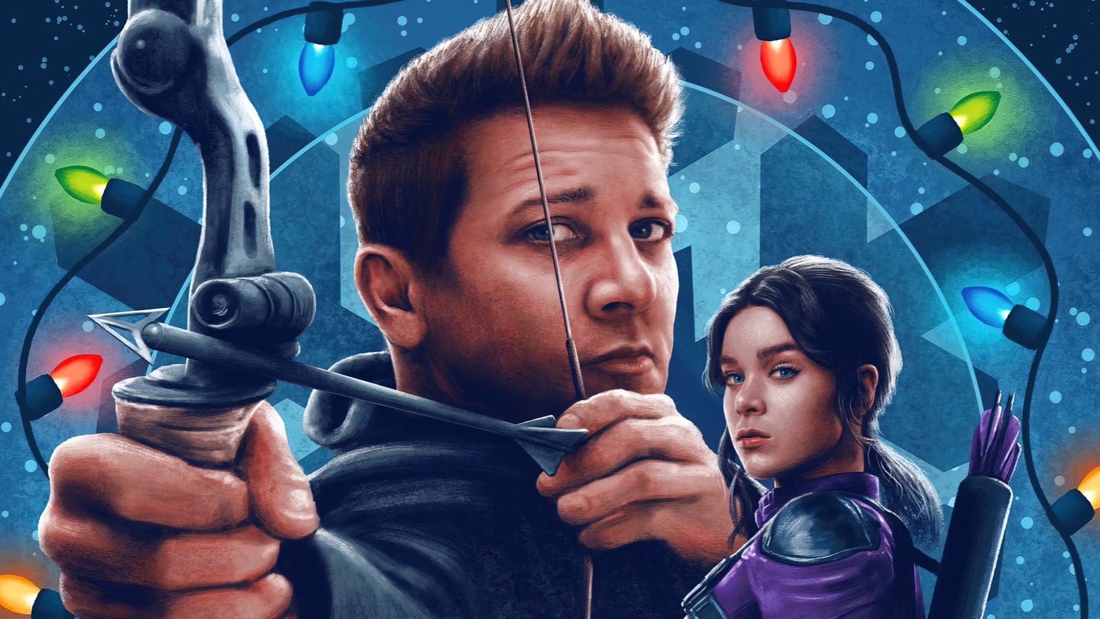 Un homme avec un arc et une femme avec un arc (la série hawkeye, hawkeye, affiche, clint barton, kate bishop)