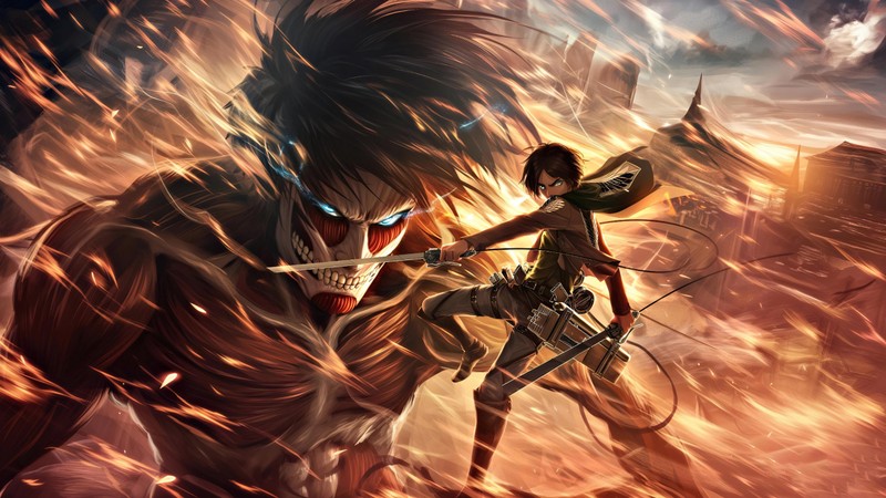 Женщина с луком и мечом в огне (shingeki no kyojin, mikasa ackerman, 5k, аниме, anime)