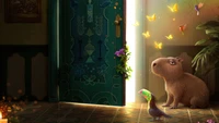 Uma capivara e um papagaio colorido estão em uma porta, cercados por borboletas vibrantes e luz mágica.