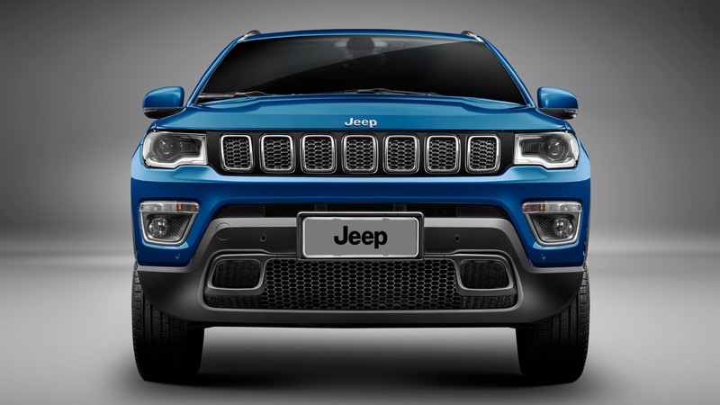 Фронтальный вид синего внедорожника jeep compass (джип, машины, решетка, синий, шина)