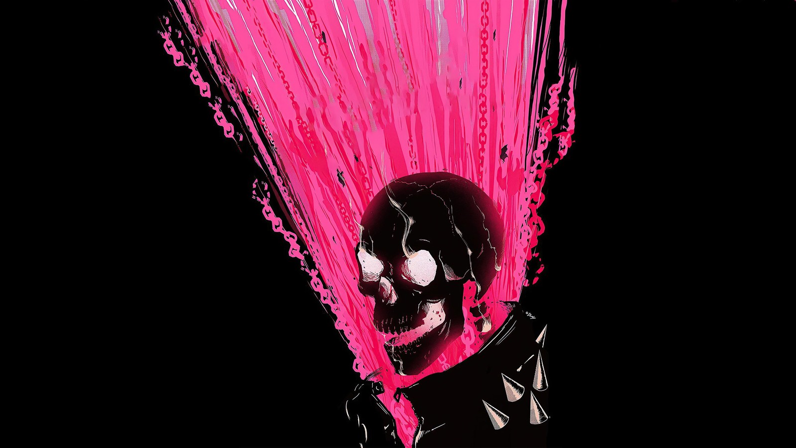 There is a skull with pink hair and a black top (ghost rider, skull, pink, black background, marvel superheroes)