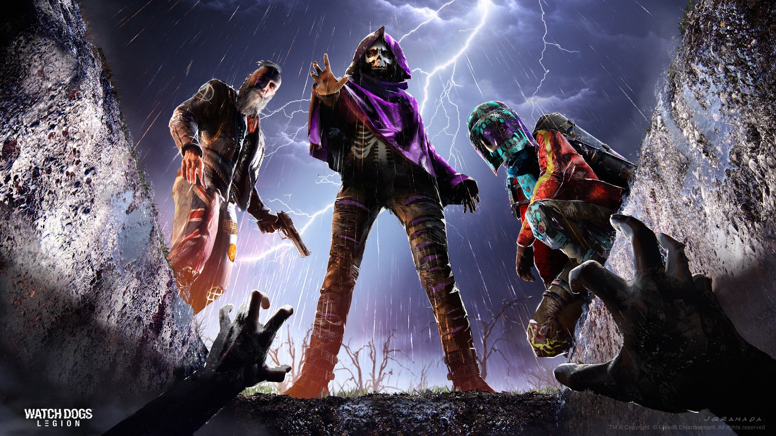 Un grupo de zombis de pie en una cueva oscura con relámpagos de fondo (watch dogs legión, watch dogs legion, sobrevivientes, segador, carroñero)