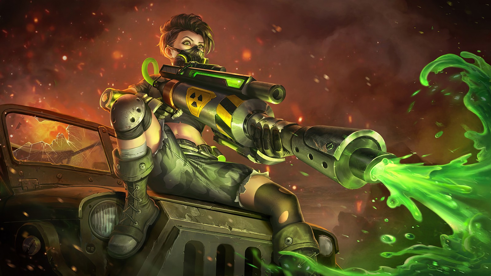 A man with a gun and a gas mask on is riding on a jeep (kimmy, bio frontier, skin, mobile legends, bang bang)