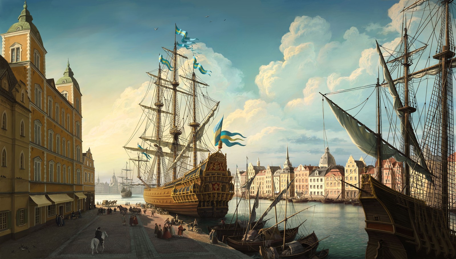 A painting of a city with a lot of tall buildings (ship, sailing ship, work of art, flagship, manila galleon)