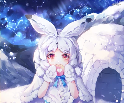 Adorable Arctic Hare Girl with Heart in a Starry Winter Scene