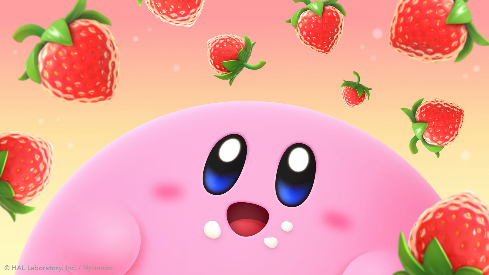 Un primer plano de un objeto rosa con un montón de fresas de fondo (kirby, fresas, dibujo animado lindo, lindo, fondo de pantalla 4k)