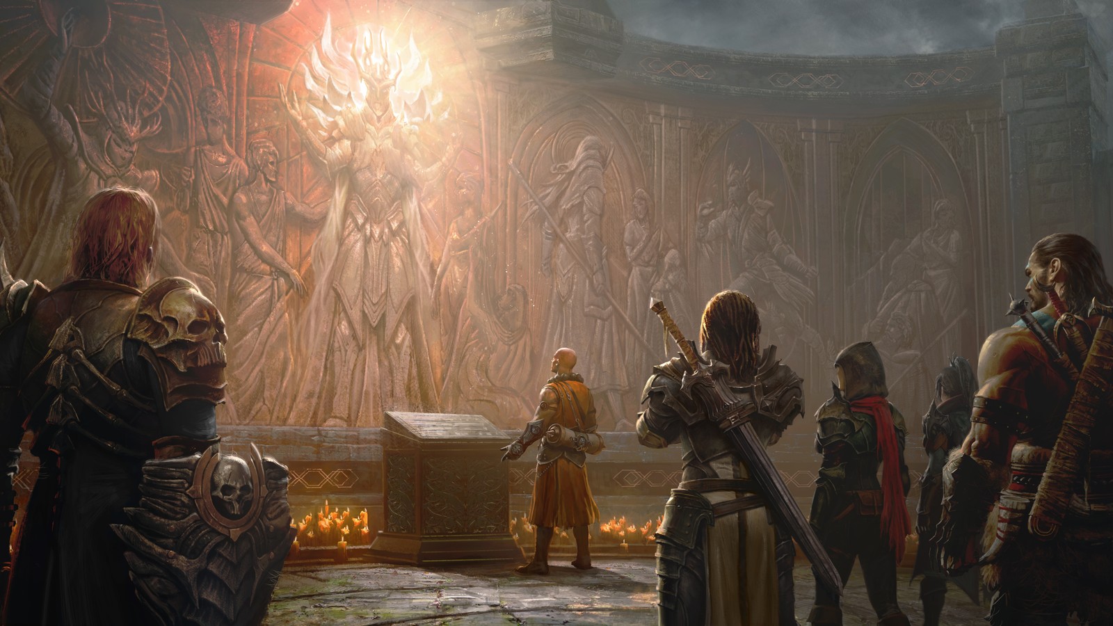 Un grupo de personas de pie alrededor de un gran altar en una habitación oscura. (diablo immortal, videojuego, clase)