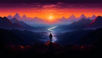 sunset, horizon, standing, alone, mountains wallpaper