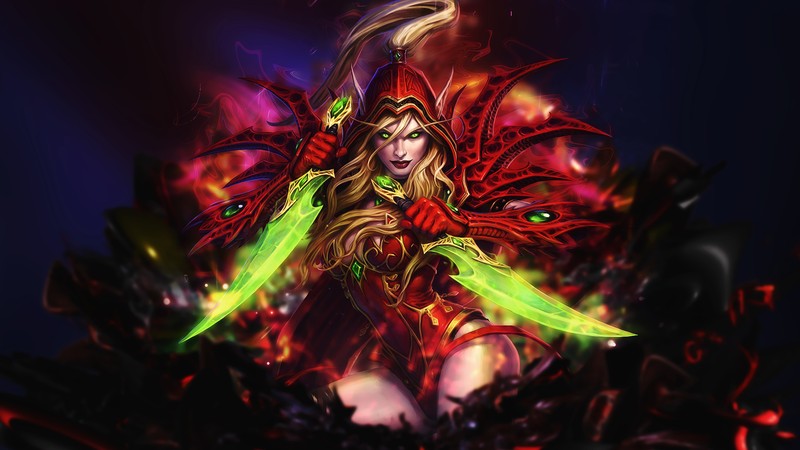 Женщина с мечом и демоном на спине (валера сангуинар, valeera sanguinar, world of warcraft, видеоигра, кровь)