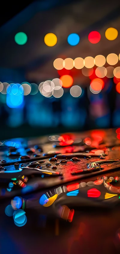 Illuminated Reflections: Colorful Lights and Water Droplets