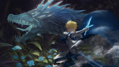 Eugeo Battling a Dragon in a Mystical Forest