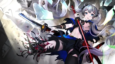 Fille cyborg anime avec katana dans une pose d'action dynamique