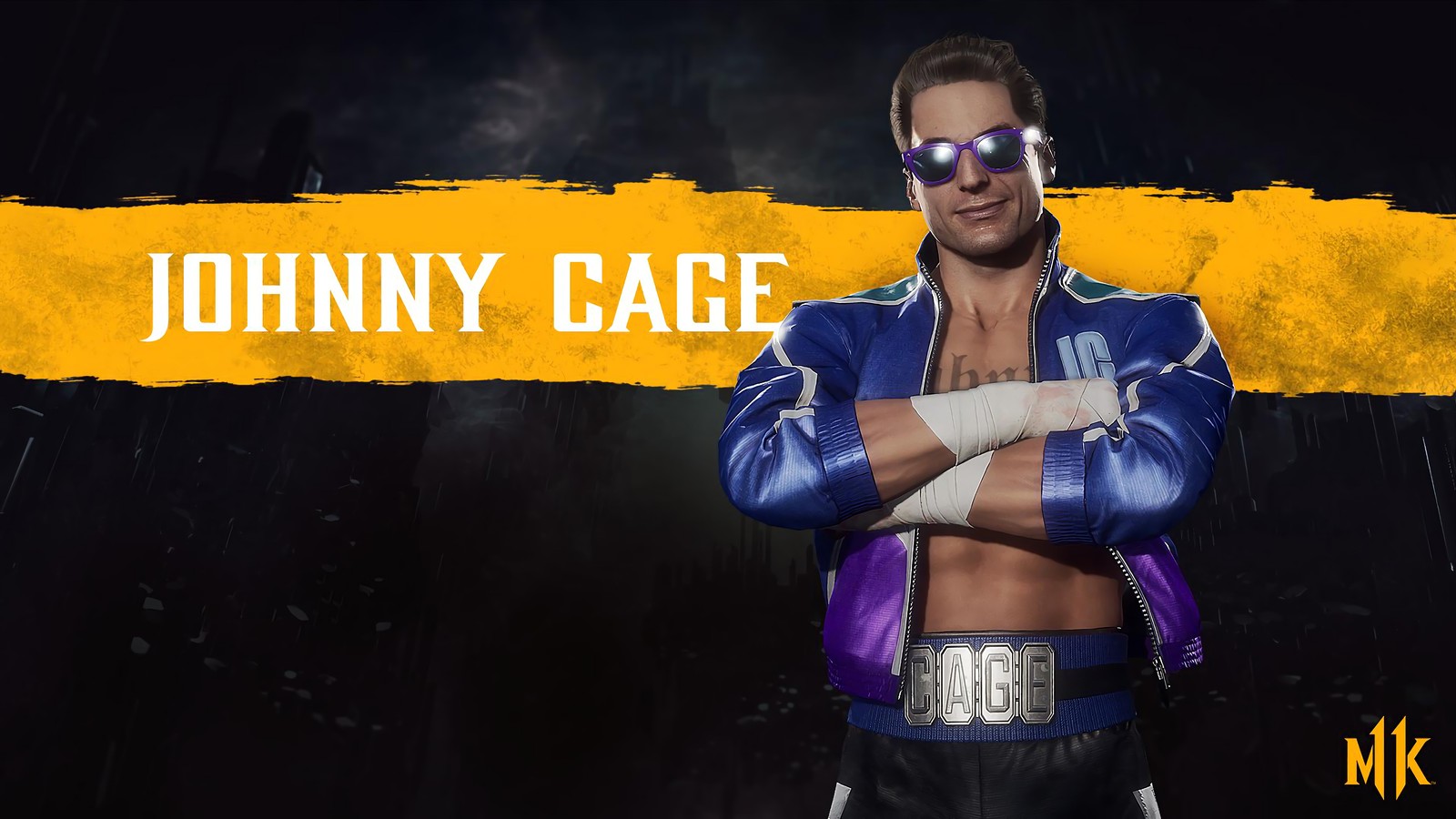 Un hombre con una chaqueta morada y gafas de sol de brazos cruzados (johnny cage, mortal kombat 11, videojuego)