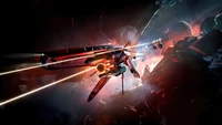 Épique bataille spatiale dans EVE Online avec un combat dynamique de vaisseaux spatiaux sur fond cosmique vibrant.