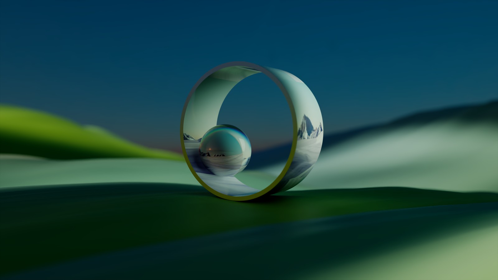 There is a glass ball sitting on top of a green surface (3d background, green aesthetic, surreal, landscape, abstract)