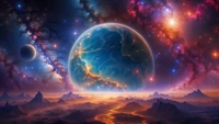 planet, stars, sky, nebula, space wallpaper