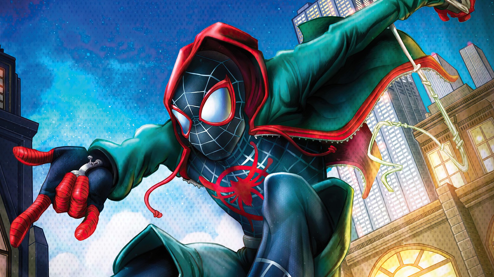 Spider-man dans un costume vert volant au-dessus d'une ville (spider man, miles morales, spider man new generation, spider man into the spider verse, film)