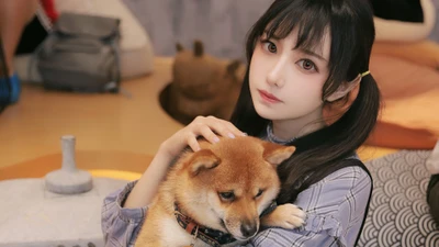 mignon, asiatique, filles, japonais, chien