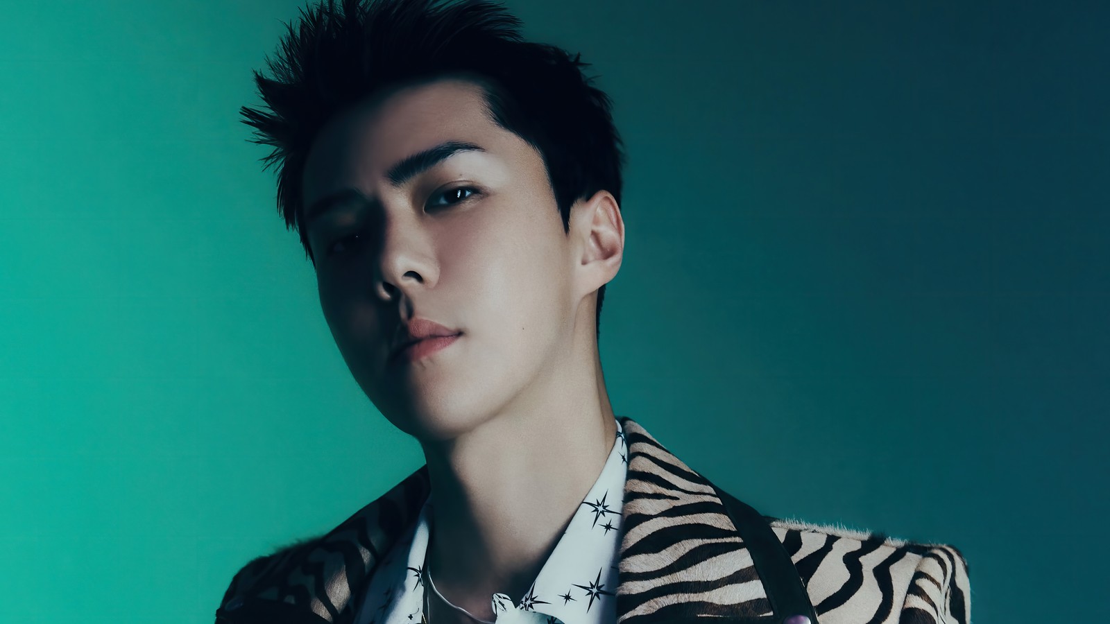 Araffed male in a zebra print jacket and white shirt (sehun, 세훈, oh se hun, 오세훈, exo)