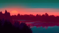 sunset, river, scenery, digital art wallpaper