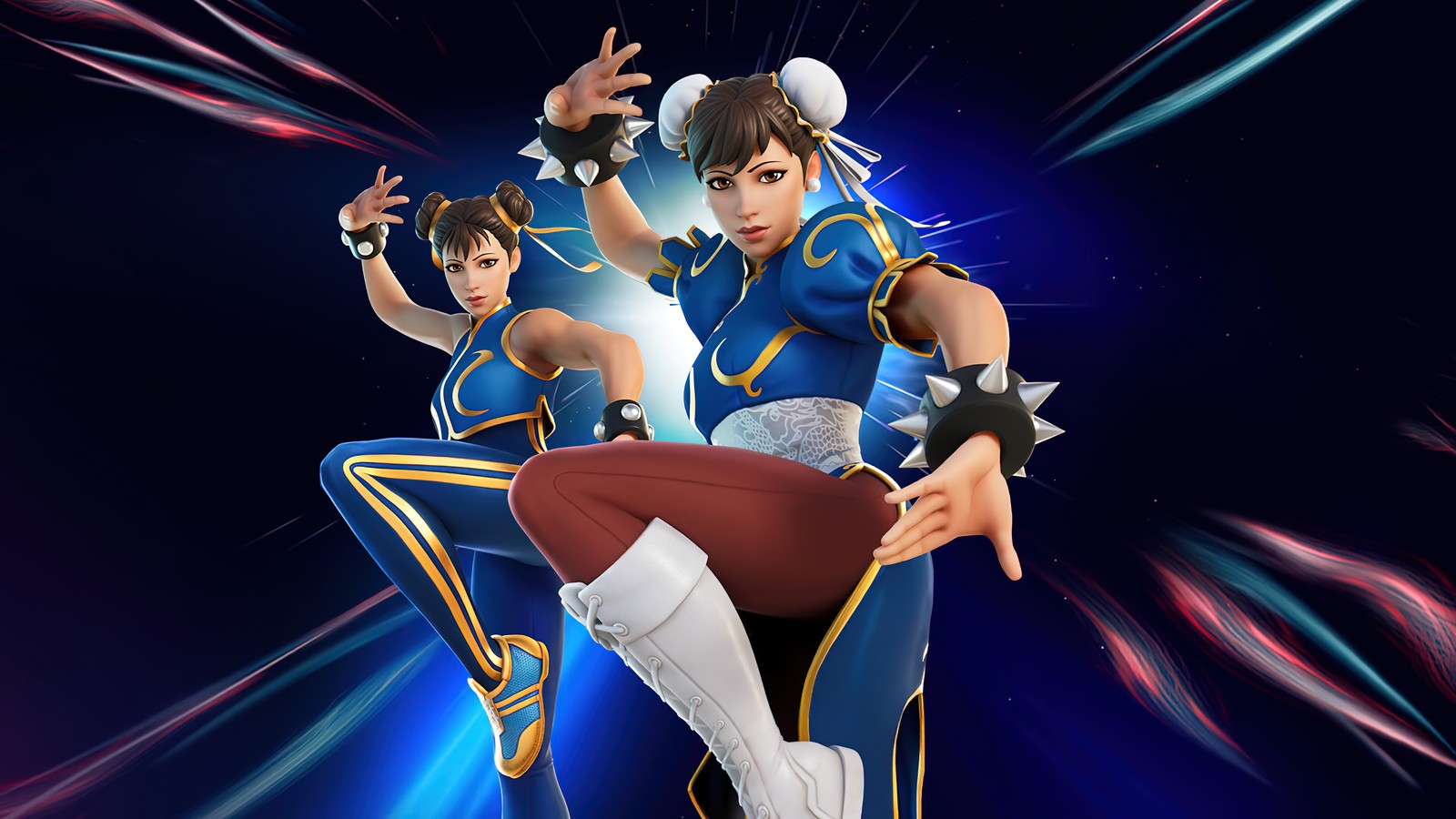 Un groupe de femmes en tenues bleues et jaunes danse (chun li, street fighter, fortnite, battle royale, jeu vidéo)