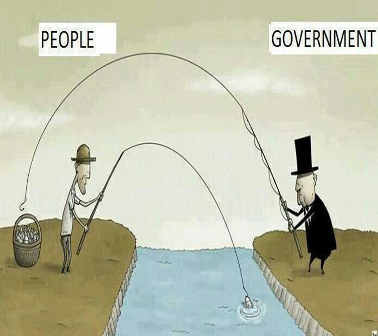 Cartoon of a man fishing with a fish in a river (good image, gvmnt, people, reality)