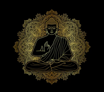 Golden Buddha Design with Intricate Floral Patterns on Black Background