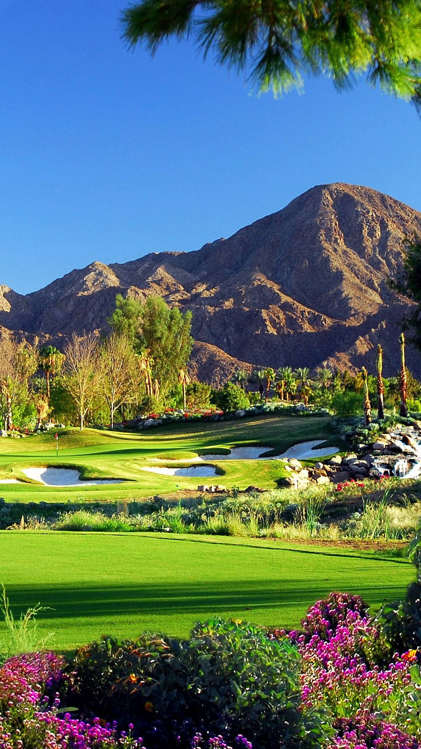 Arafed view of a golf course with a pond and mountains in the background (balls, clubs, course, golf, greens)