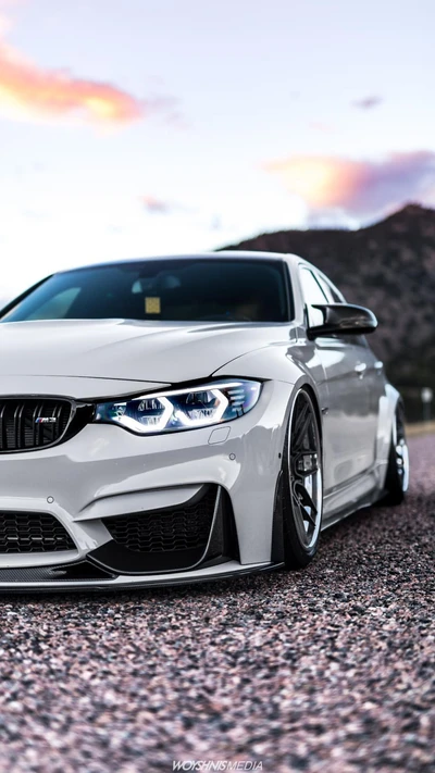 Sedã BMW M3 F80 elegante com ajuste personalizado em uma paisagem cênica