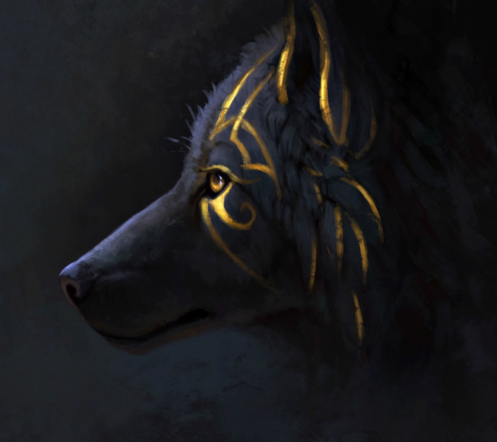 Pintura de un lobo con cara dorada y fondo negro (hermoso, lobo)