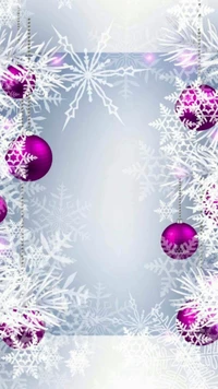 Purple Christmas Ornaments and Snowflakes on a Frosted Background