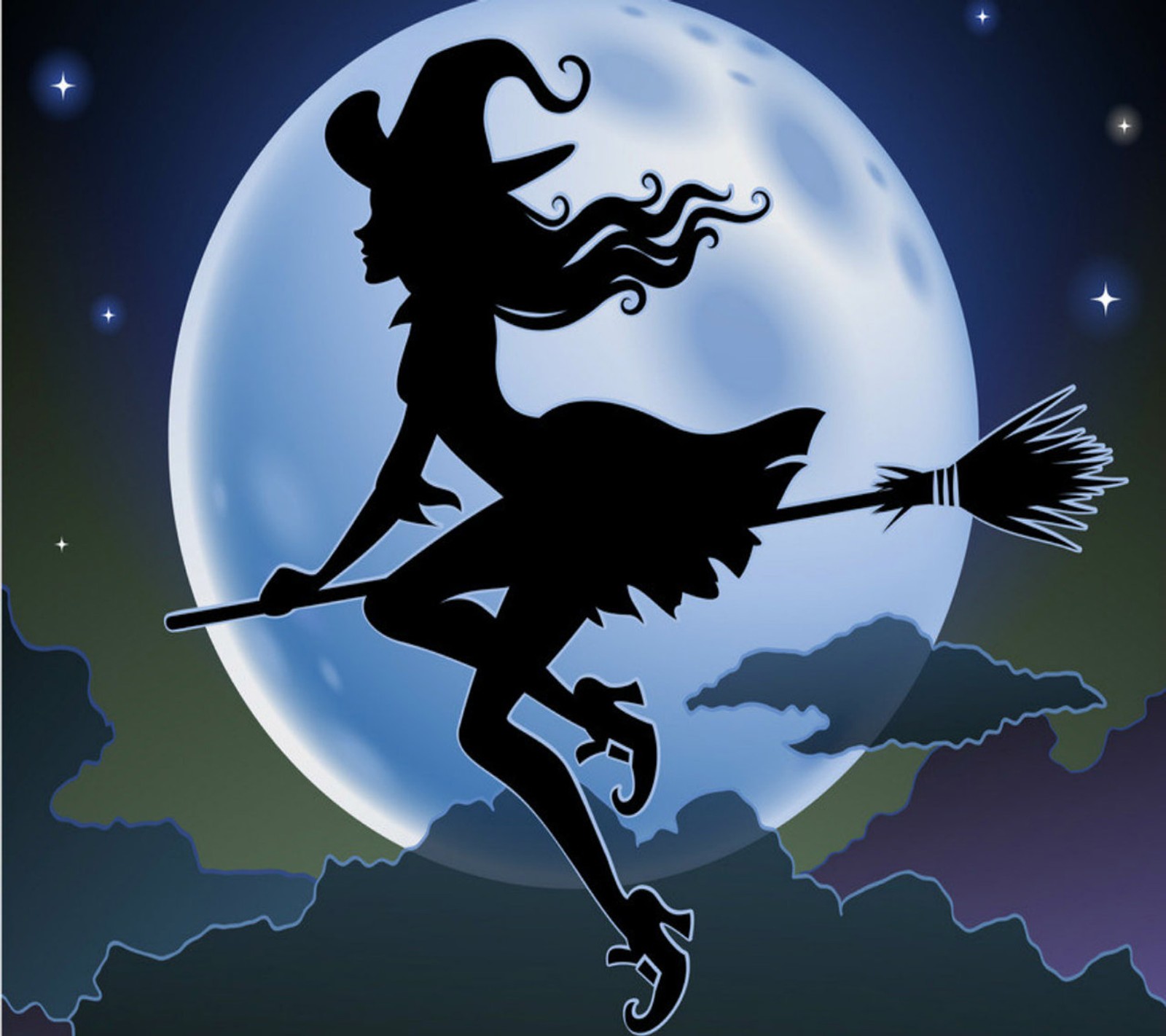 Bruja volando en una escoba frente a la luna llena (halloween, bruja)