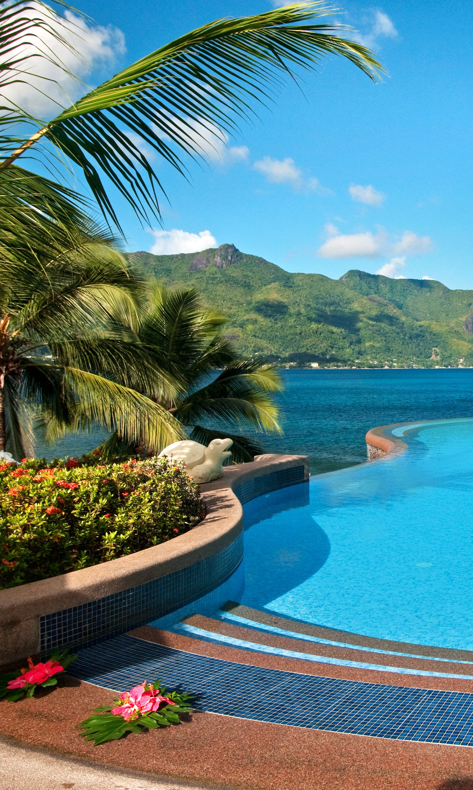 Há uma grande piscina com vista para o oceano (feriado, ilha, piscina, estância, viagem)