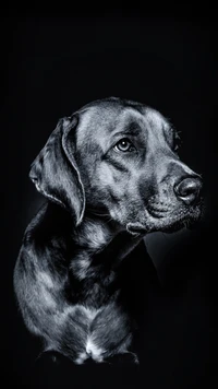 Portrait d'un chien noir sur un fond sombre.