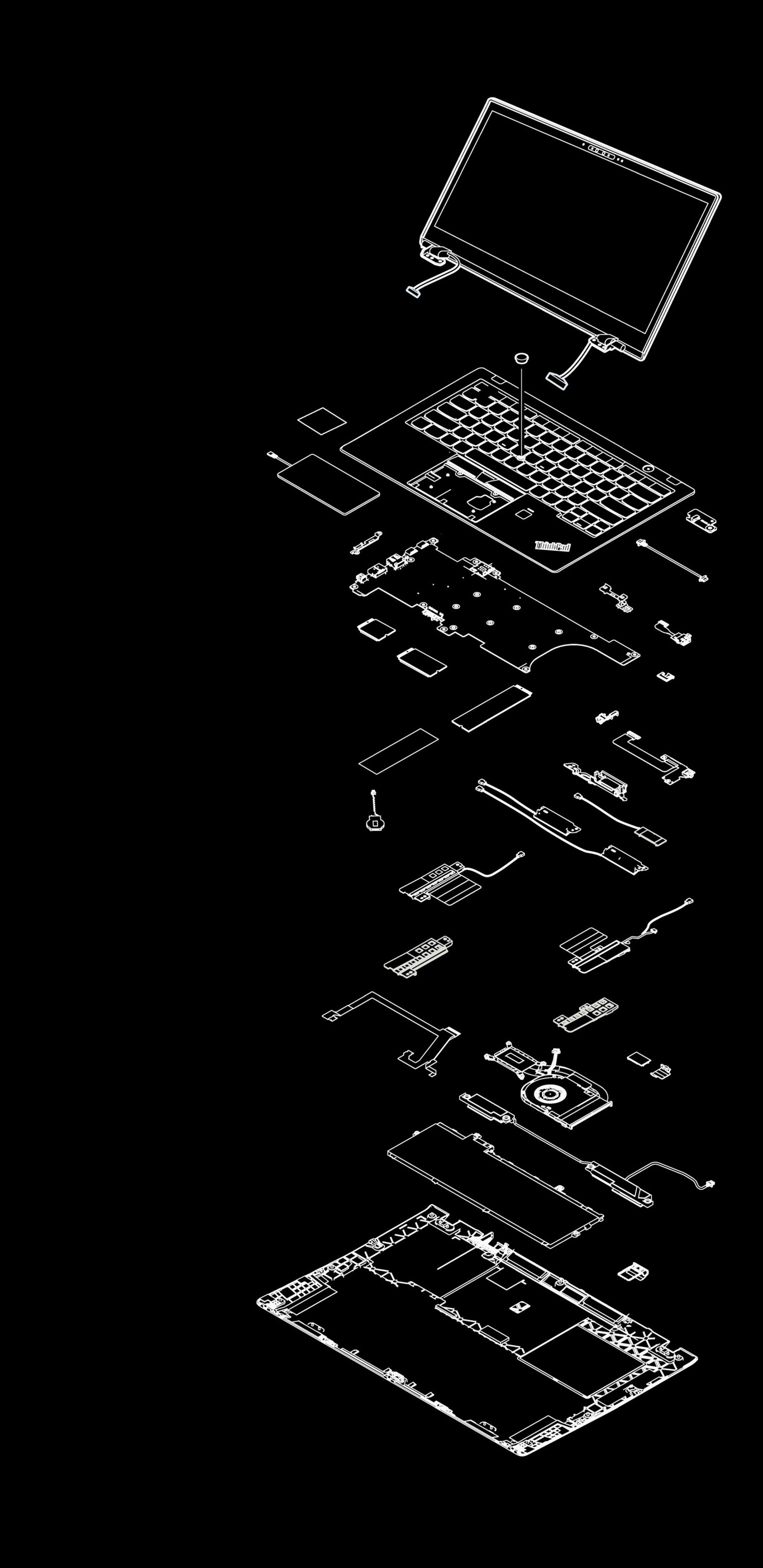 Image d'un ordinateur portable assemblé et placé sur un fond noir (amoled, noir, cpu, sombre, numérique)