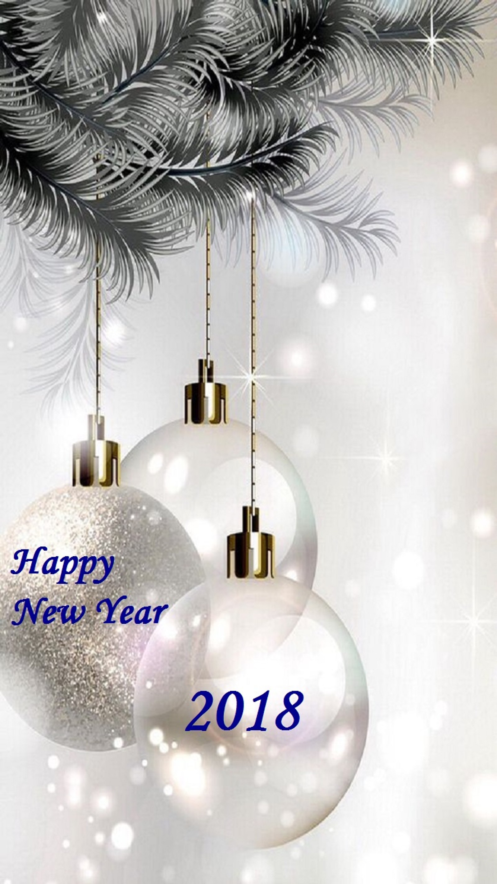 A close up of a christmas card with ornaments hanging from a tree (2018, decoration, new year)